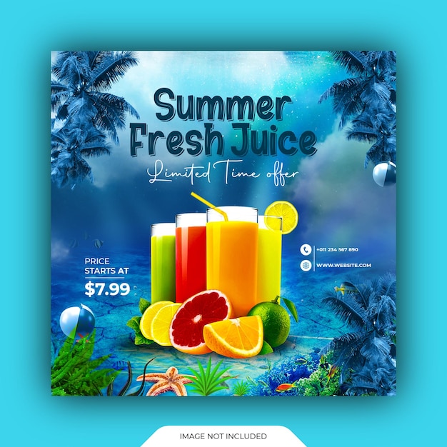 PSD summer fresh juice sale design with leaves on blue background