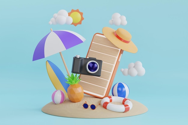 Summer Holiday Smart Phone 3D illustration. Travel and Summer vacation concept. summer beach