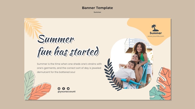 PSD summer horizontal banner template with colorful leaves