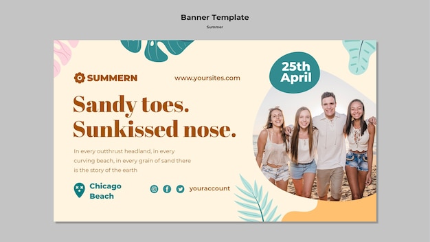 PSD summer horizontal banner template with leaves