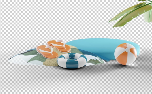 PSD summer icon concept water sand palm tree sun and podium isolated 3d render