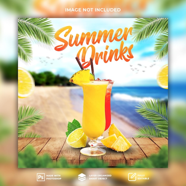 PSD summer juices or cold beverages drinks seasonal banner post design premium psd template