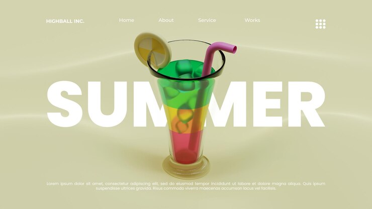 PSD highball 유리 3d 렌더링 그림에서 칵테일과 함께 여름 방문 페이지 템플릿