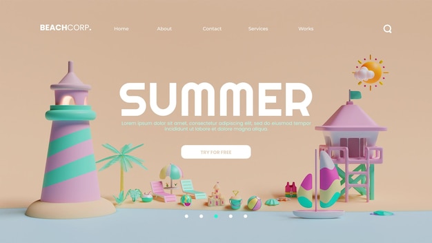 Summer landing page template with front view beach 3D rendering illustration