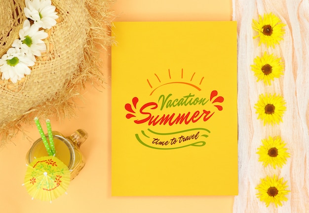 Summer mock yellow letter with straw hat and orange juice