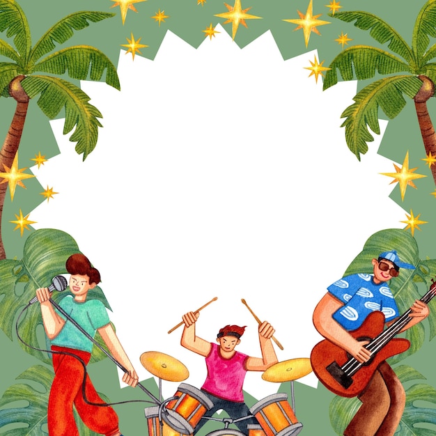 summer music festival have music band dancer enjoyful frame designhanddrawn watercolor square frame