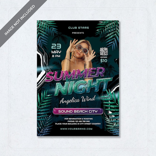 PSD summer night vloeibare muziek party design flyer