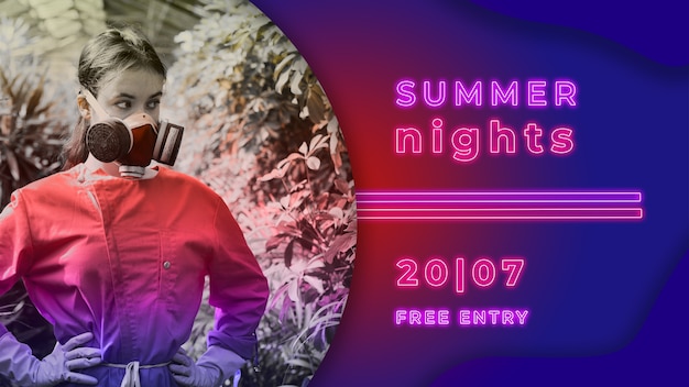 PSD summer nights party banner in neon lights style