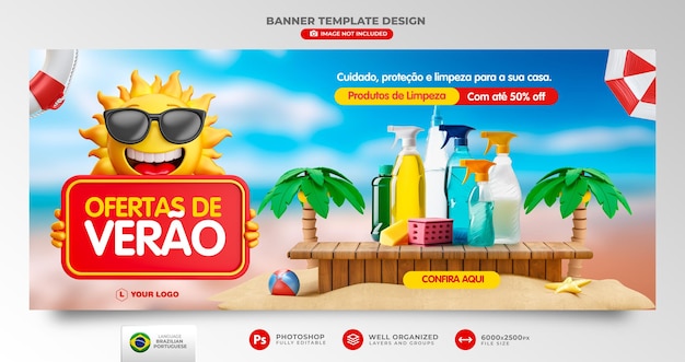 PSD banner dell'offerta estiva in portoghese brasiliano in modello di rendering 3d per il marketing