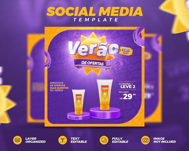 Summer offers social media post template realistic 3d render in brazilian portuguese