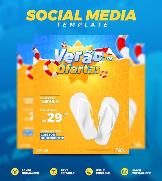 Summer Offers Social Media Post Template Realistyczny Render 3d W Brazylijskim Języku Portugalskim