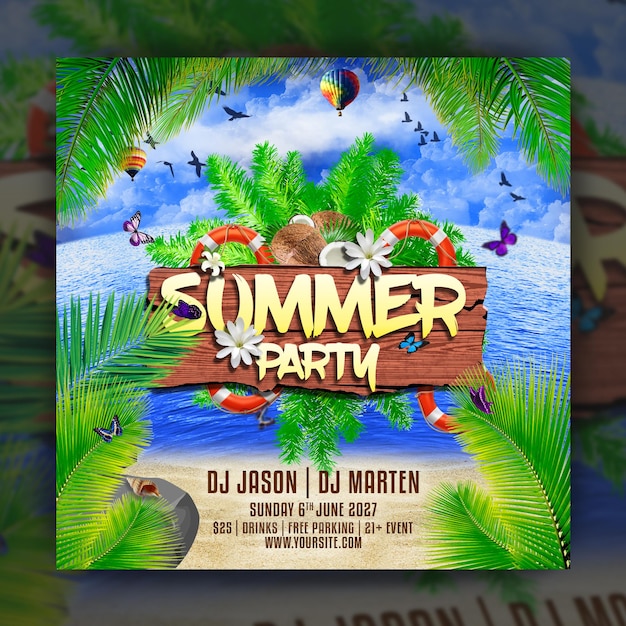 PSD summer party flyer or social media post template