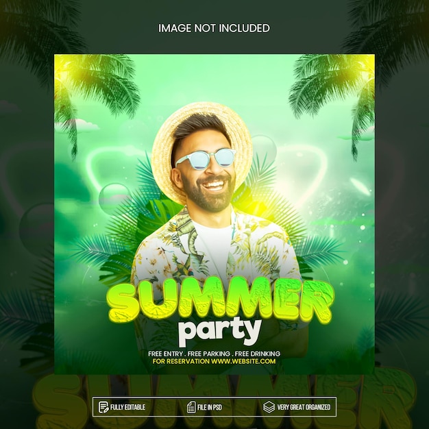 A summer party flyer with a man in sunglasses and a hat.