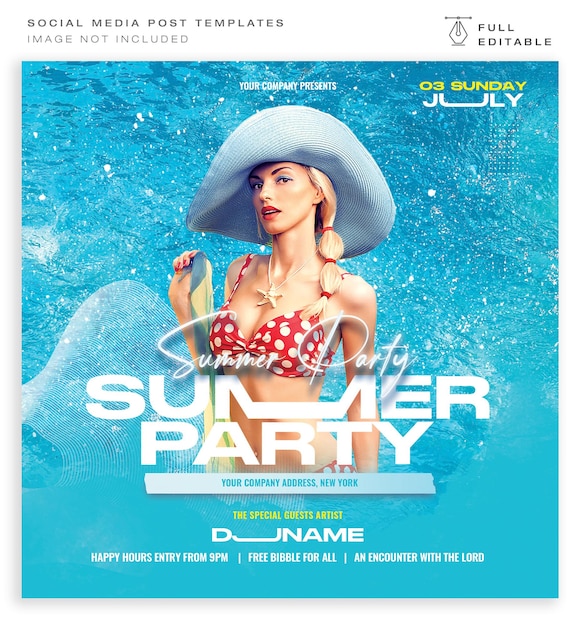 Дизайн поста в социальных сетях для летней вечеринки у бассейна - редактируемый psd
