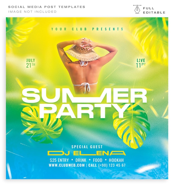 PSD summer party pool concept social media post design - editable psd