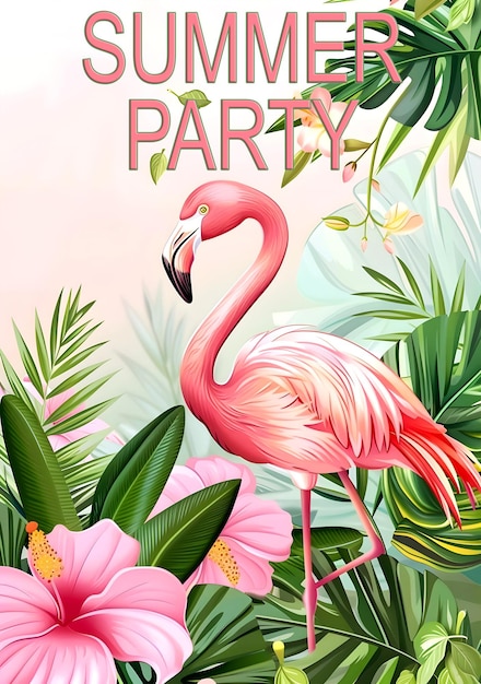 PSD summer party poster template with pink flamingo party flyer