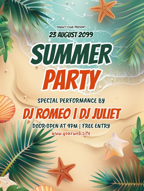 PSD summer party poster template with realistic background for summer season