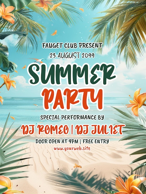 PSD summer party poster template with realistic background for summer season