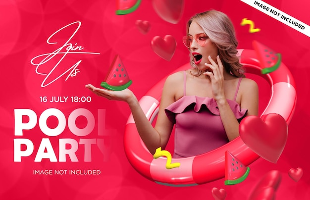 Summer pool party social media banner with 3d elements