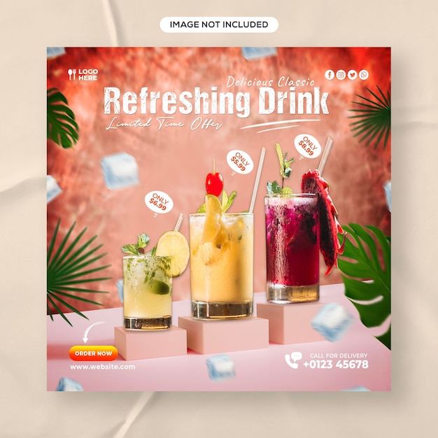 Шаблон поста в социальных сетях Summer Refreshing Drinks для Facebook и Instgram