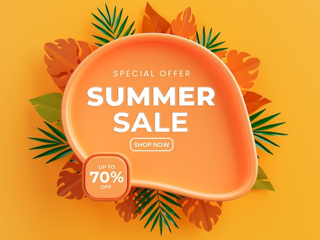 PSD summer sale banner hot season discount poster with tropical leaves