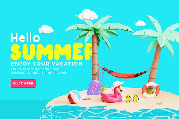 Summer sale banner template with 3d illustration