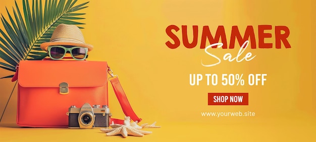 PSD summer sale banner template with orange travel bag sunglasses hat camera on pastel yellow background