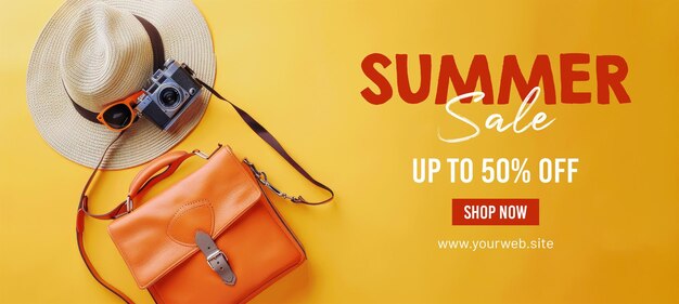 PSD summer sale banner template with orange travel bag sunglasses hat camera on pastel yellow background