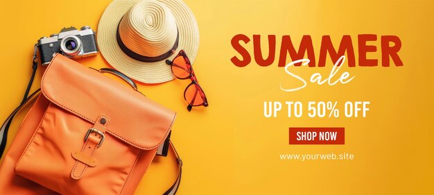 PSD summer sale banner template with orange travel bag sunglasses hat camera on pastel yellow background