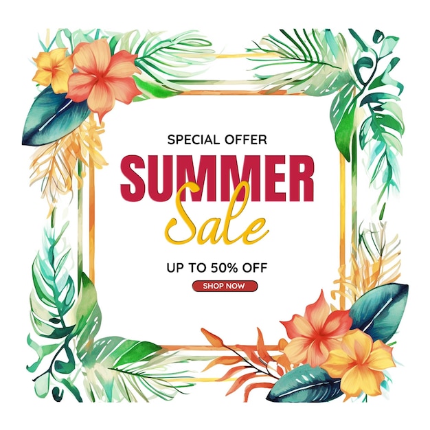PSD summer sale design with flower and exotic palm leaves on blue backgroundtropical special offer
