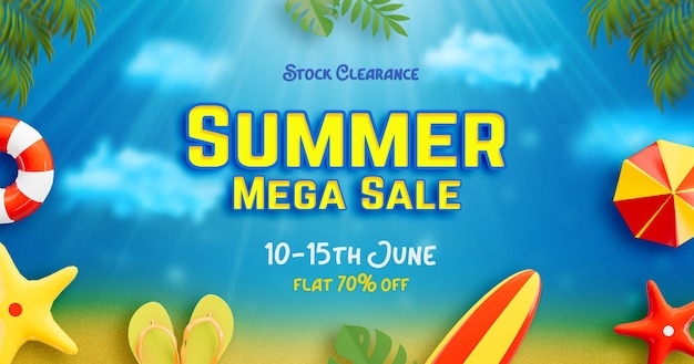 Summer Sale Facebook Post Banner Template with Colorful 3D Beach Elements