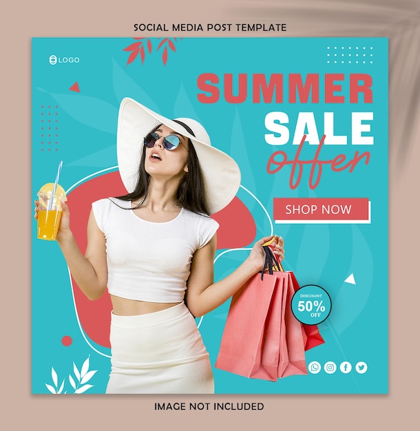 PSD summer sale offer 50 percent discount off shop now social media post template stock illustration