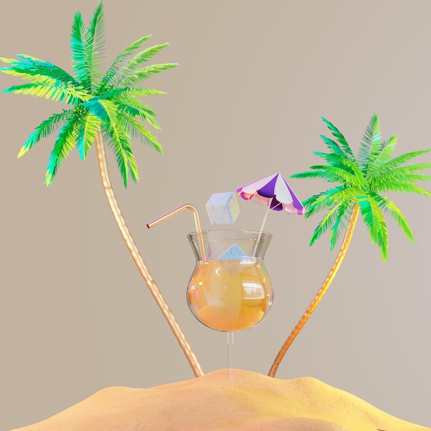 PSD Летняя распродажа пальмы фламинго песок пляж океан мороженое
