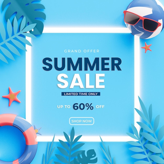 PSD summer sale social media post template with 3d element