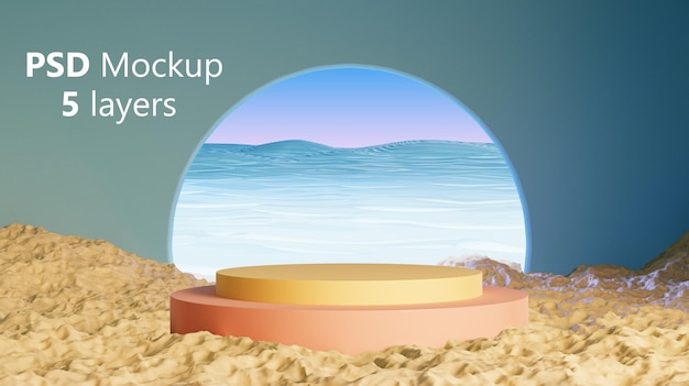 연단 3d 렌더링이 있는 여름 바다 해변 제품 프레젠테이션 연단과 모래 Hello Summer 배너