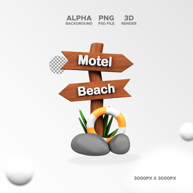 PSD summer sign motel and beach 3d render for design illustration isolated object