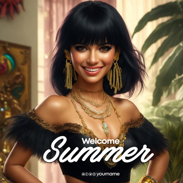 PSD summer social media post template with beautiful girl and flowers ai picture