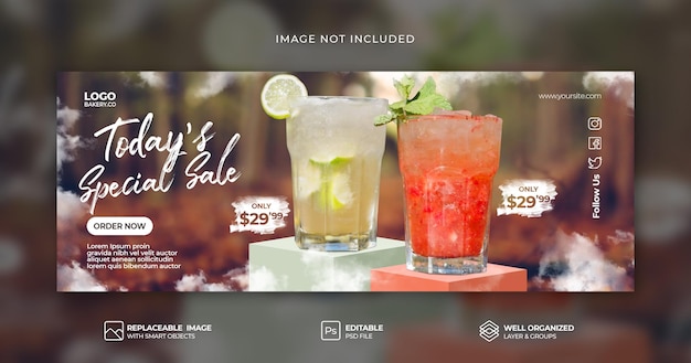 PSD summer special fresh menu drinków z limonką z promocją na podium na okładce na facebooku szablon psd