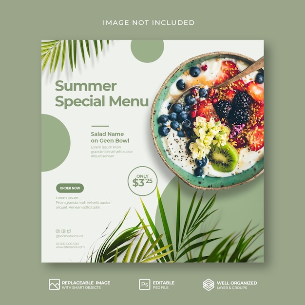 Modello di post o banner di instagram di social media per la promozione del menu dell'insalata speciale estiva psd premium