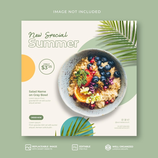 Summer Special salad food menu promotion social media instagram post or banner template Premium Psd