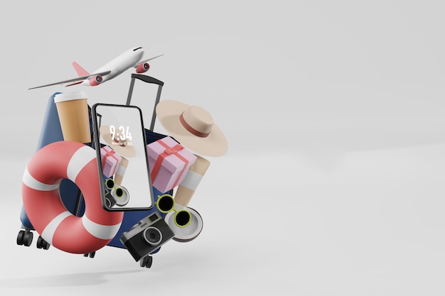 Летние вещи с макетом мобильного телефона в 3d визуализации