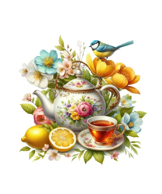 PSD 夏の茶 静物 夏の花の花束 レモンの茶のカップ 水彩画