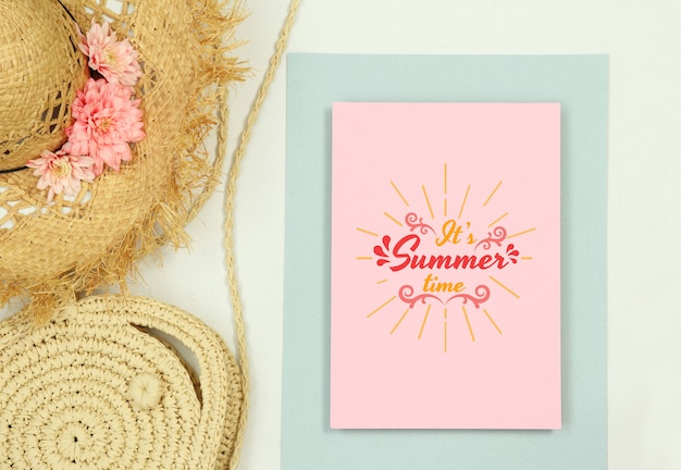 PSD summer template frame mockup with straw hat and bag