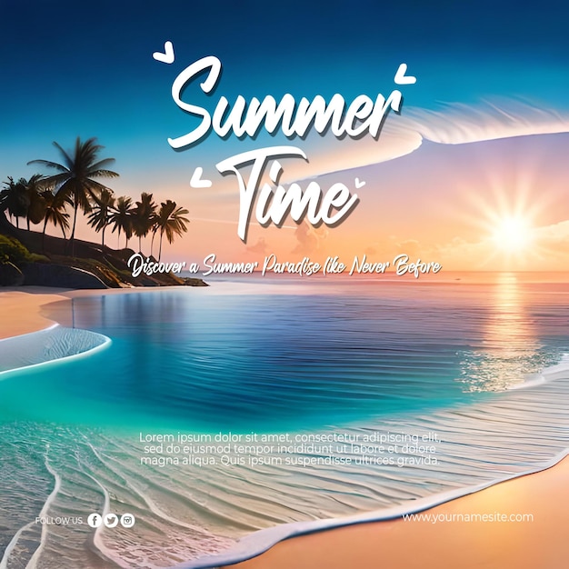 PSD summer theme social media post with beach landscape for travel and tourism