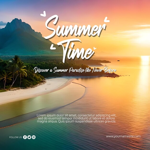 PSD summer theme social media post with beach landscape for travel and tourism