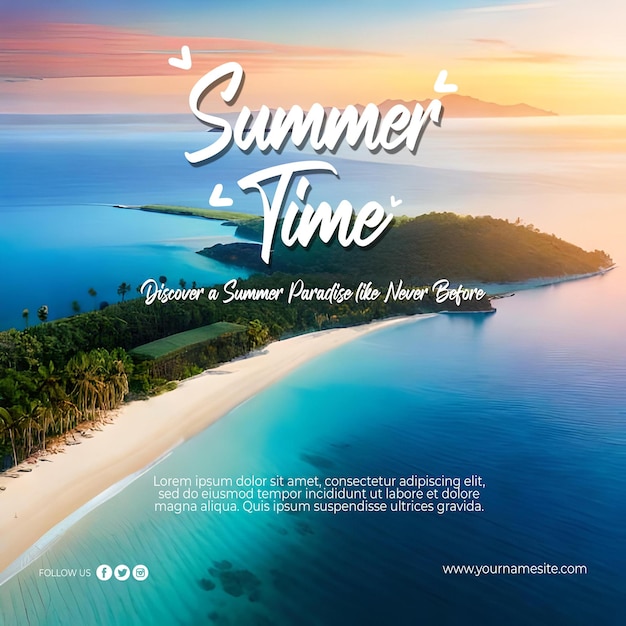 Summer theme social media post with beach landscape for travel and tourism