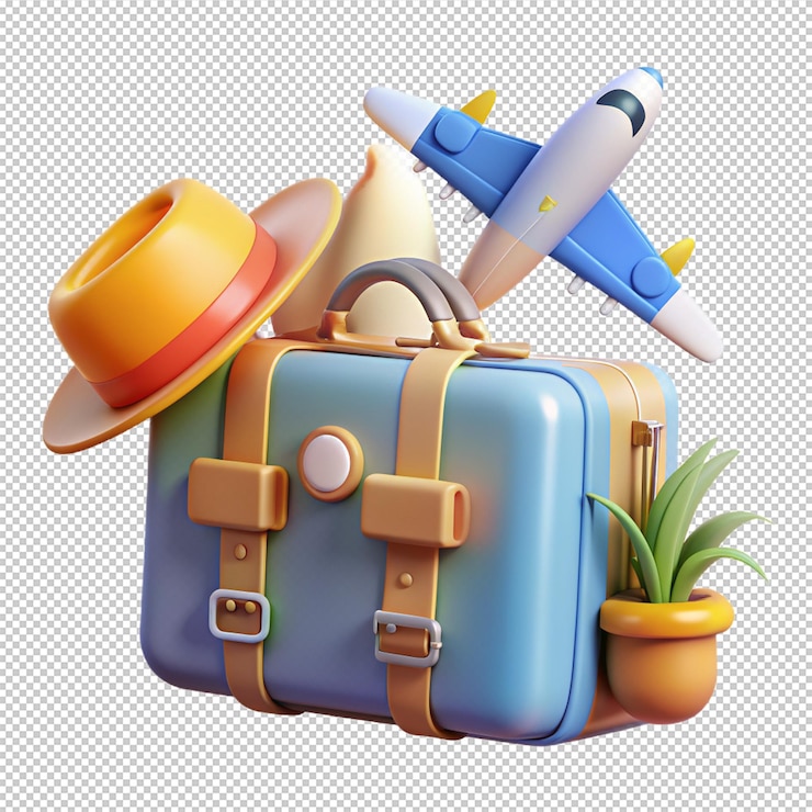 PSD summer and travel concept suitcase with different accessories for vacation with boarding pass and airplane on white background 3d rendering
