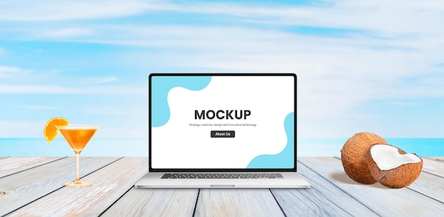 Summer travel laptop mockup on wooden desk scene creator