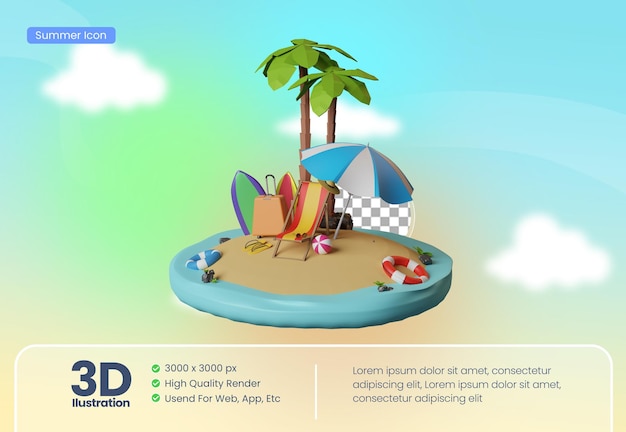 summer vacation beach theme 3d illustration with beach chairs and ball on tropical sandy island