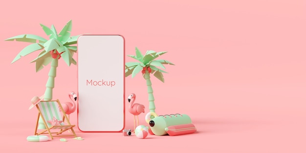 Concetto di vacanza estiva smartphone mockup con sedia da spiaggia flamingo e accessori da spiaggia